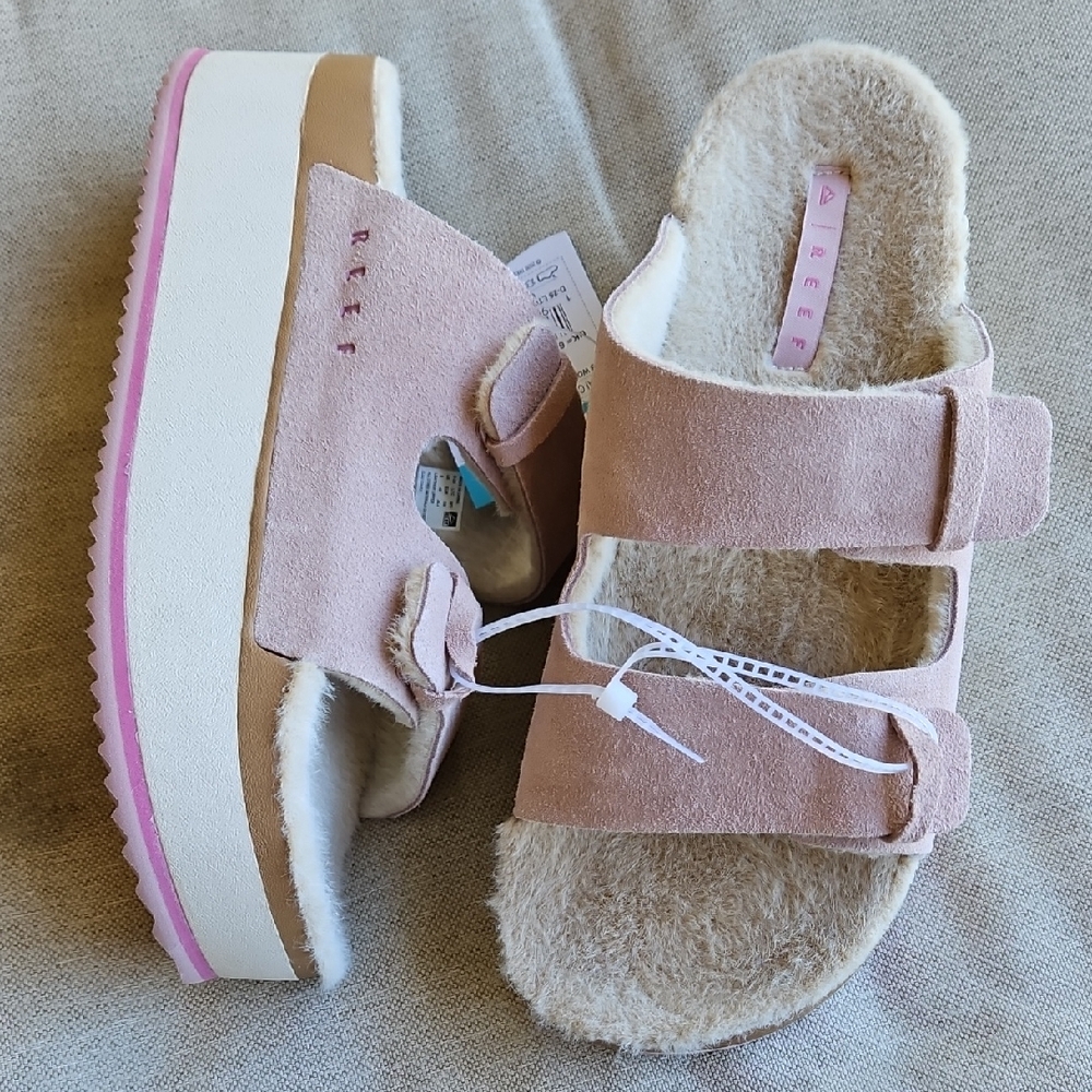 REEF Ojai Ciara Faux-Fur Lined Platform Slides Sandals, Pale Mauve- Sz 9, 40